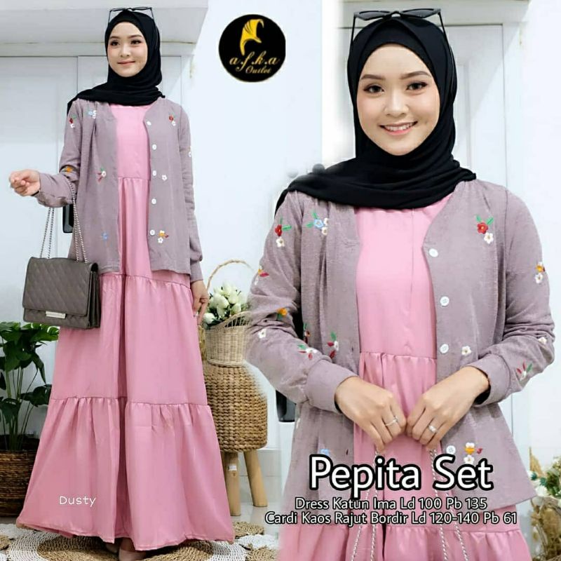 Pepita Set, SETELAN GAMIS &amp; KARDIGAN MUSLIM CANTIK FIT XL TERMURAH TERCANTIK KEKINIAN OOTD MODIS