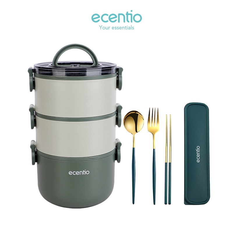 Tempat Makan ecentio Kotak makan lunch box set 3 stainless steel alat makan set/2.2L 3 lapis anti bo