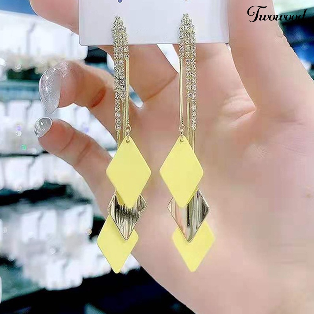 1 Pasang Anting Juntai Rumbai Geometris Aksen Berlian Imitasi Untuk Hadiah Wanita