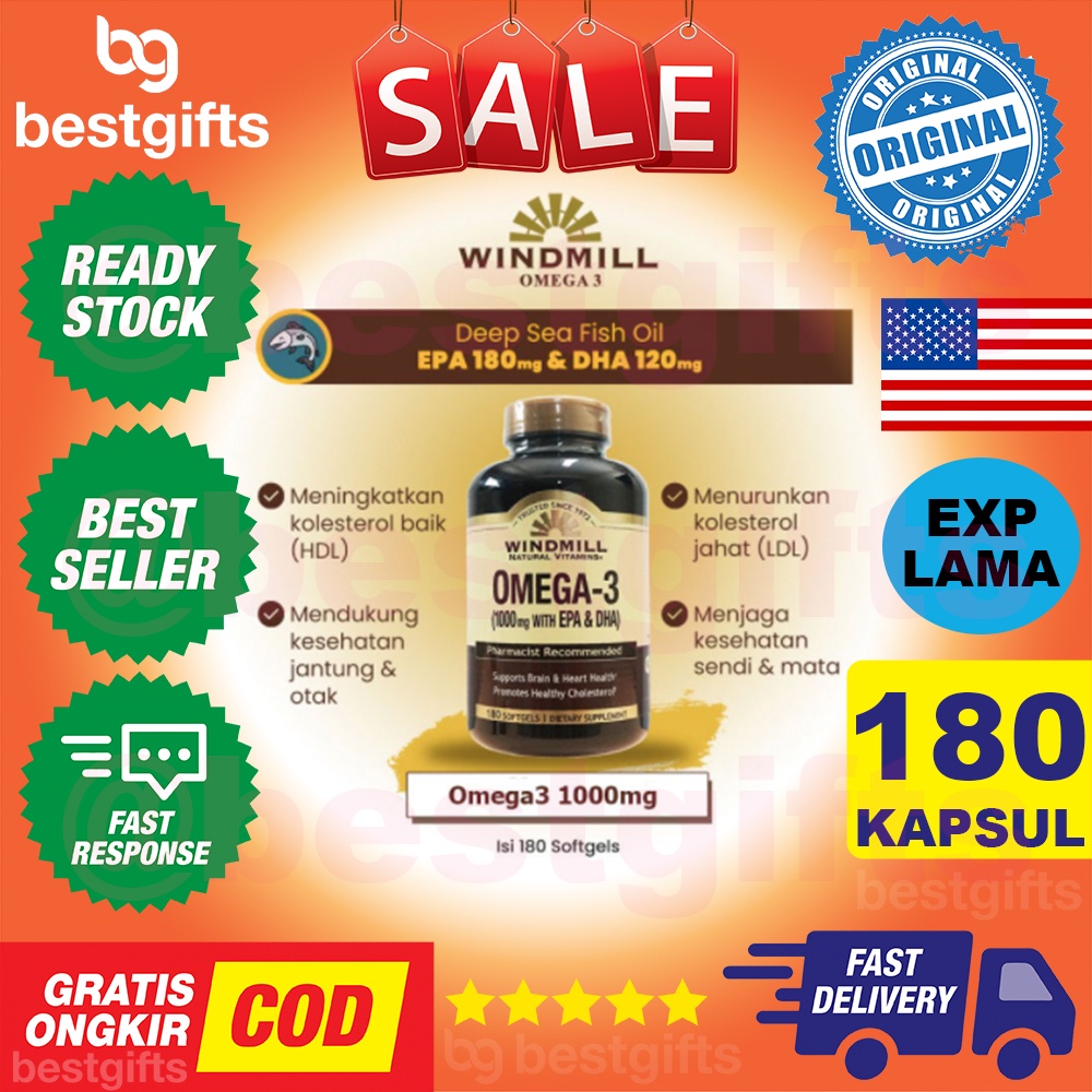 WINDMILL OMEGA 3 1000 MG WITH EPA DHA FISH OIL MENURUNKAN KOLESTEROL KESEHATAN OTAK JANTUNG MATA 180 KAPSUL