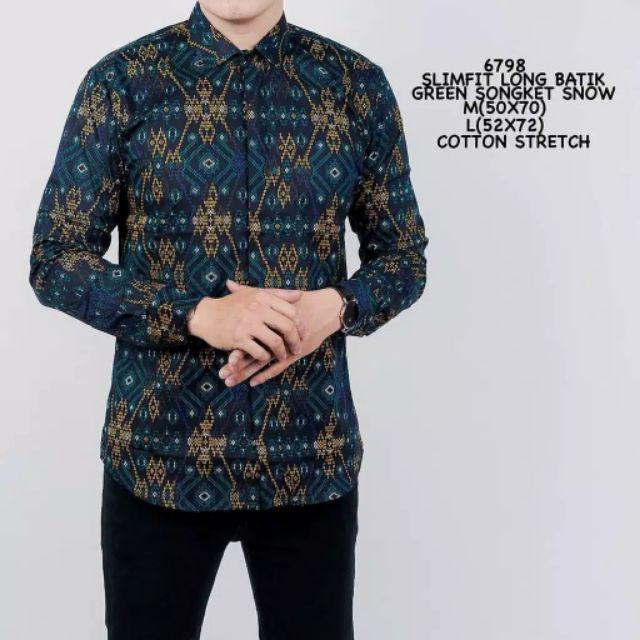 Kemeja Batik Pria Lengan Panjang Batik Songket  Motif Songket Green Snow Slimfit Hijau