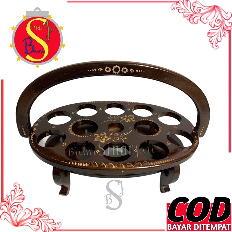 (BISA COD) Tempat Aqua Gelas Kayu Jati Model Jinjing Anting Isi 12