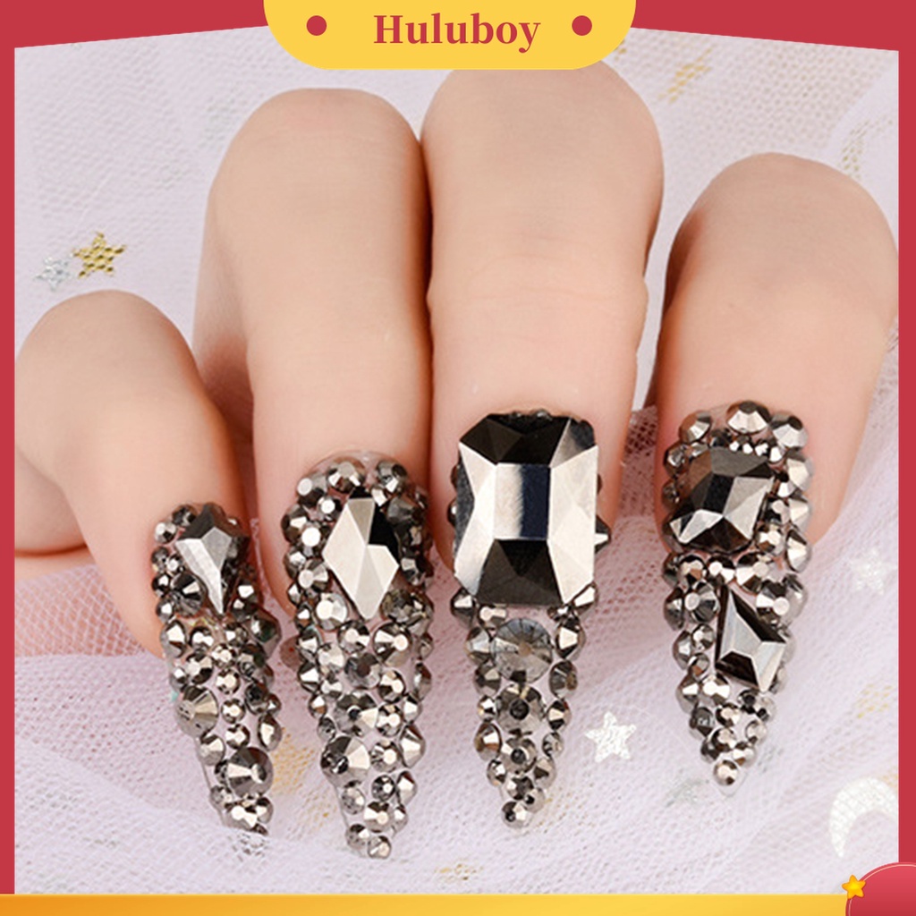 Huluboy Huluboy♡ 1 Kotak Kuku Palsu 3D Aksen Berlian Imitasi Untuk Dekorasi Manicure