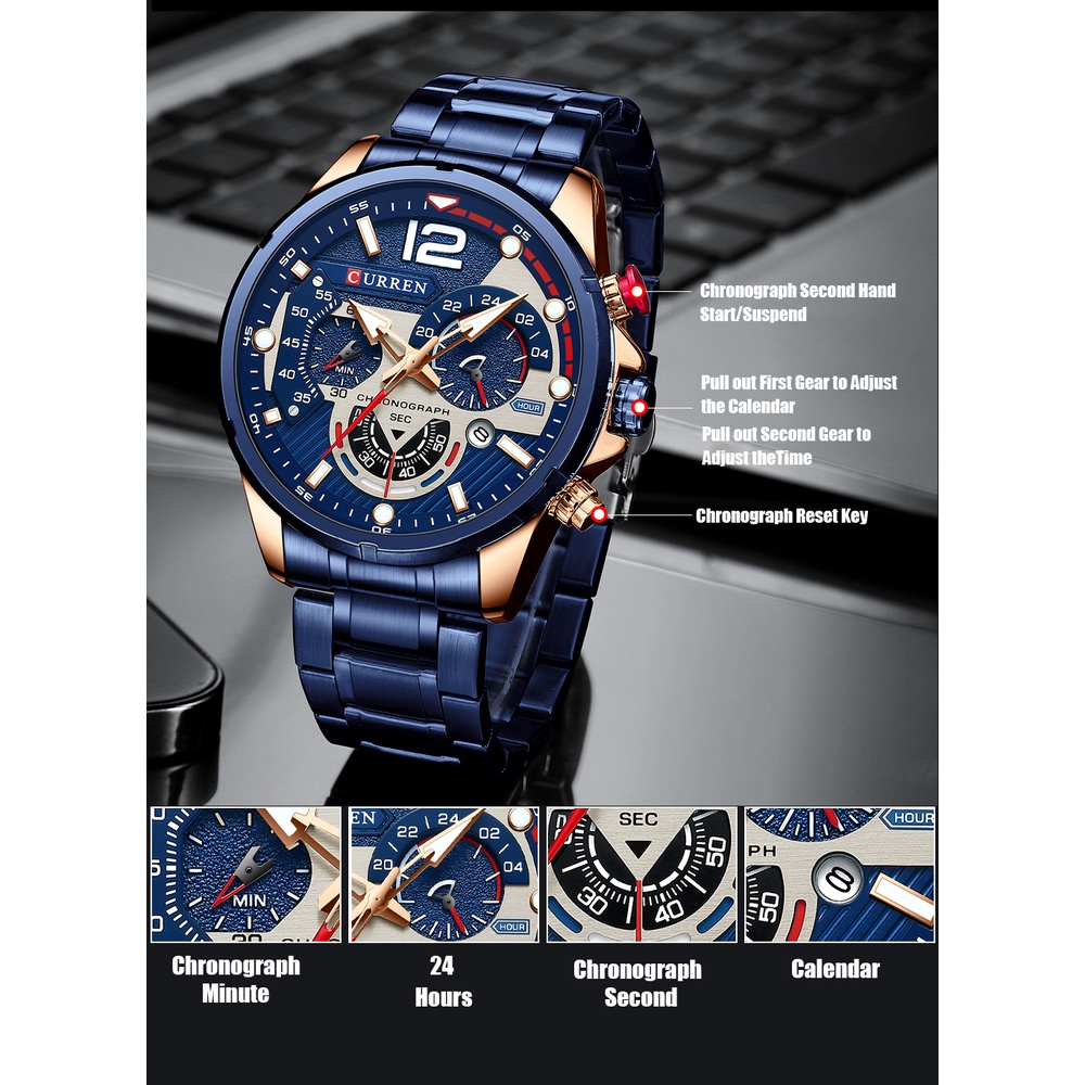 CURREN 8395 Jam Tangan Pria Analog Stainless Steel Chronograph Aktif Luminous Hand Fashion Waterproof Calendar Watch