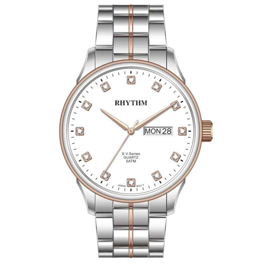 Jam Tangan Pria Rantai SIlver Rose Gold Dial Putih RHYTHM GS1602S09