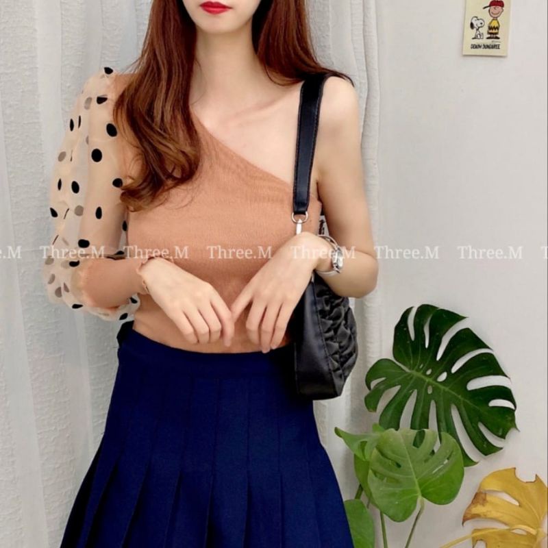 MDLV ~ C577# Polkadot One Shoulder Knit Top Premium Knit Top Atasan rajut Lace Polkadot Atasan Rajut Premium Atasan Rajut Import Fashion Import