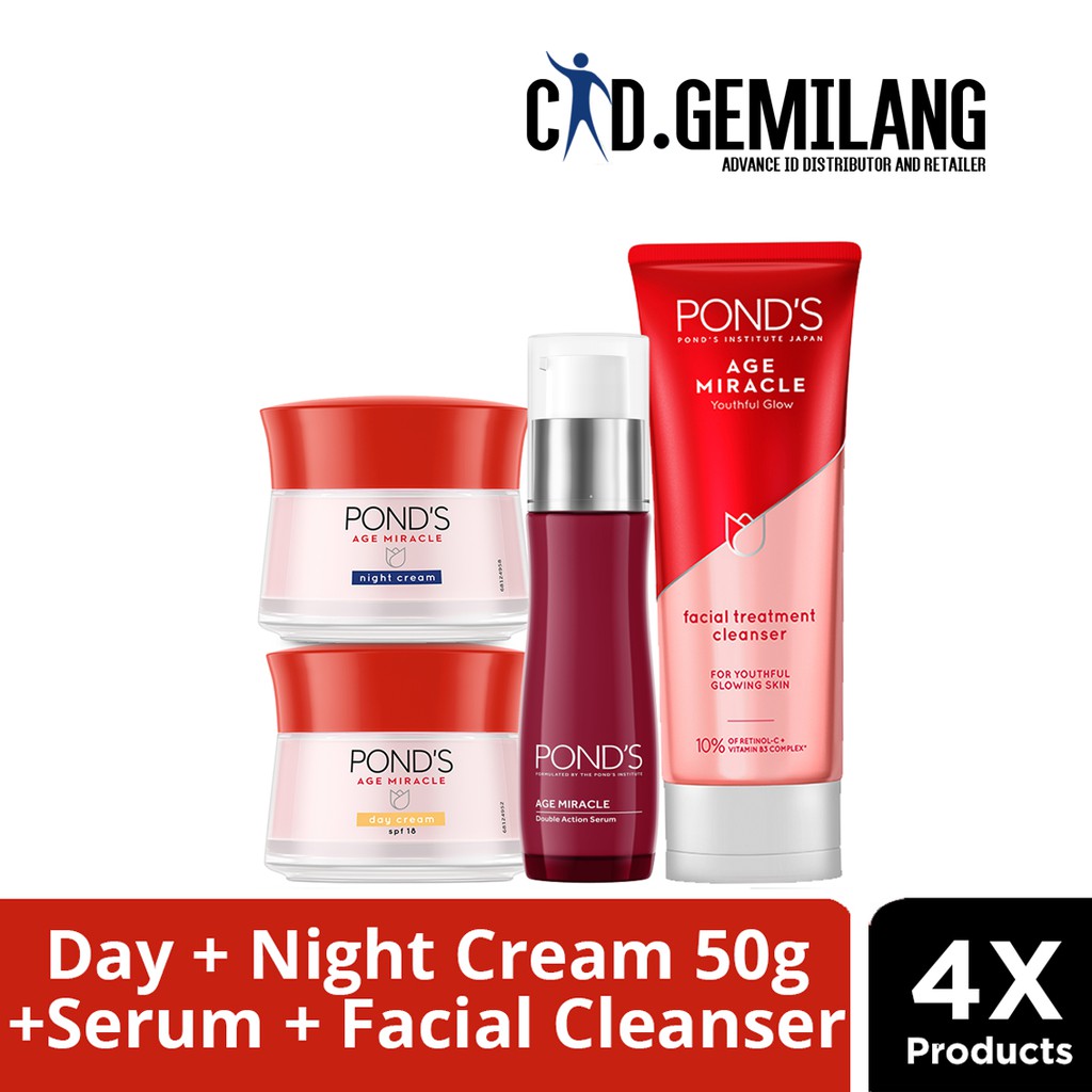 [SUPER HEMAT] PAKET 4IN1 POND'S AGE MIRACLE DAY + NIGHT CREAM 50G + SERUM 30ML + FACIAL FOAM CLEANSE