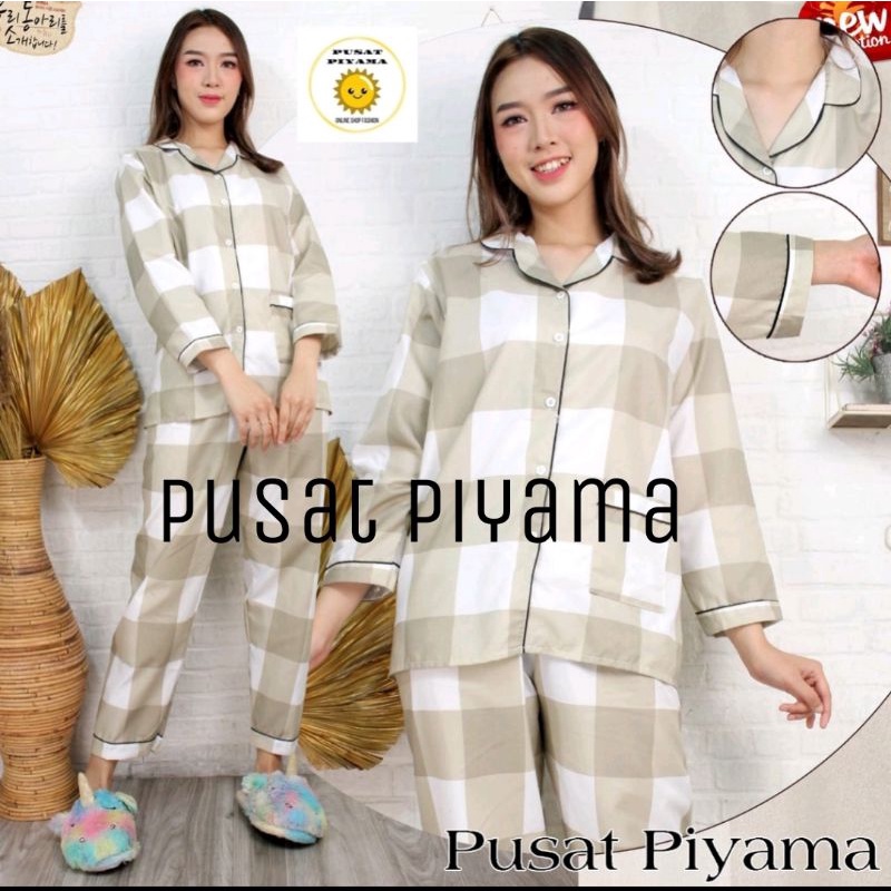 Baju Tidur Cewek Lengan Panjang Motif Kotak Piyama Wanita Kekinian Pajamas Dewasa