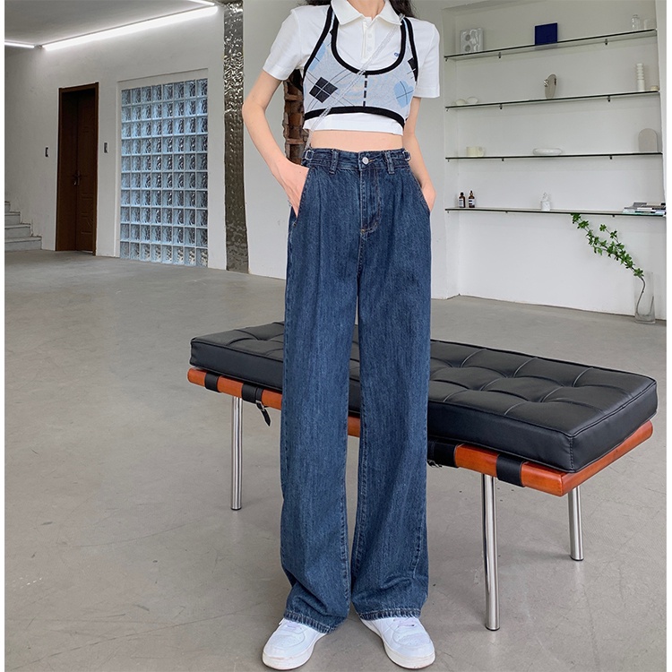 celana jeans highwaist wanita yang dapat disesuaika boyfriend pants korea style loose celana kaki lebar lurus