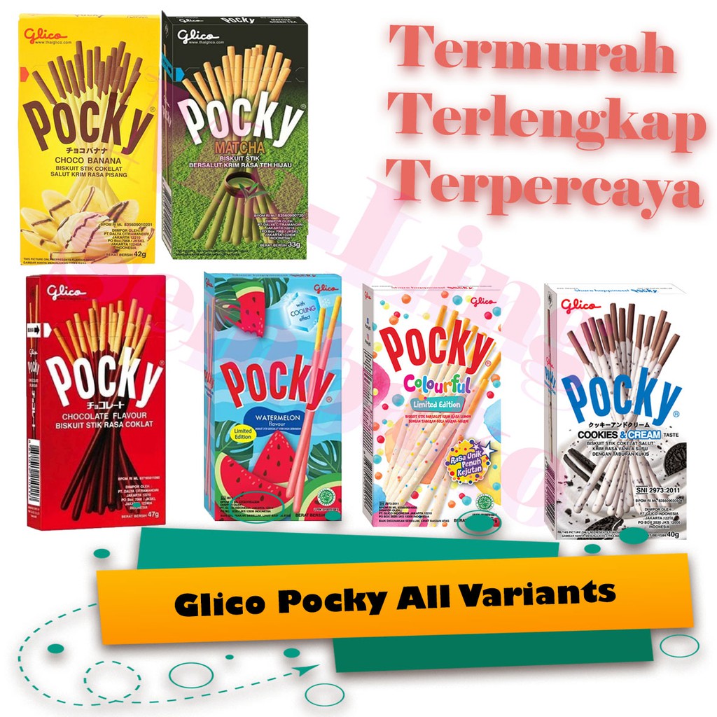 

GLICO BISCUIT POCKY / CHOCO BANANA / WATERMELON / CHOCOLATE / COLOURFUL, Kue, Biskuit, Makanan