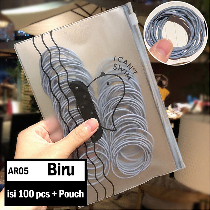 Ikat Rambut Karet Polos Elastis Gaya Korea Wanita / Karet Rambut / Karet Gelang Kucir isi 100pc MCO - AR05-Biru
