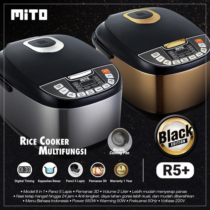 Mito R5 Plus Digital Rice Cooker 8in1 (2 Liter) - BlackGold/BlackSilver -NEW COLOR