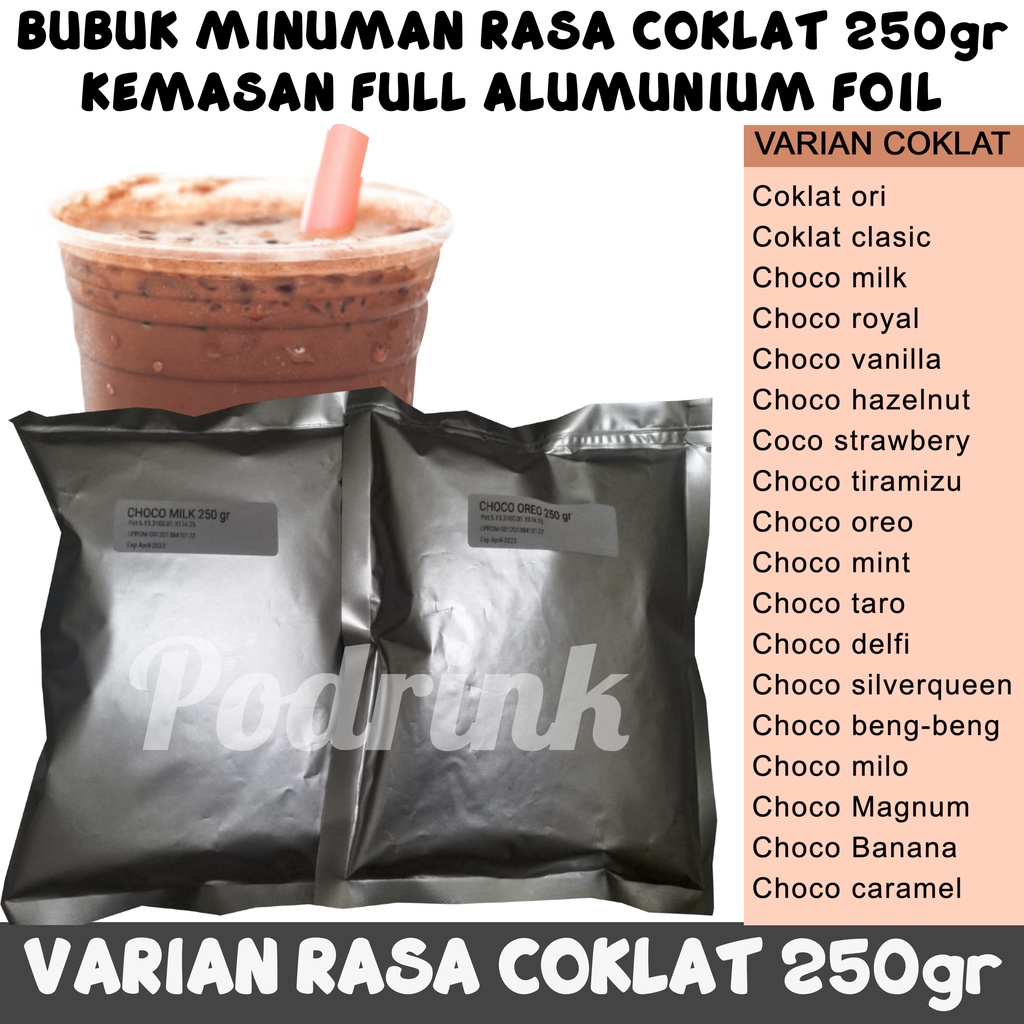 

Bubuk Minuman 250gr Murah Varian Coklat Untuk Boba, Esblend, Jellydrink dsb (mix gula)