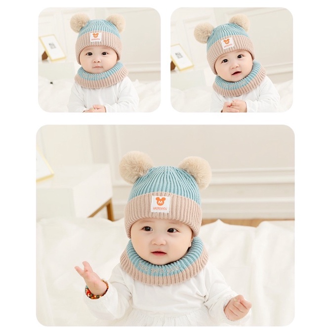 Topi kupluk bayi beanie anak scarf penghangat leher import bearly set hangat newborn warm knit rajut