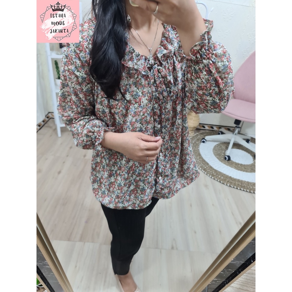 ISTANA MODE JAKARTA Sonya Jumbo baju atasan wanita terbaru blouse korean style blouse wanita lengan panjang-Putih Bunga Merah 4