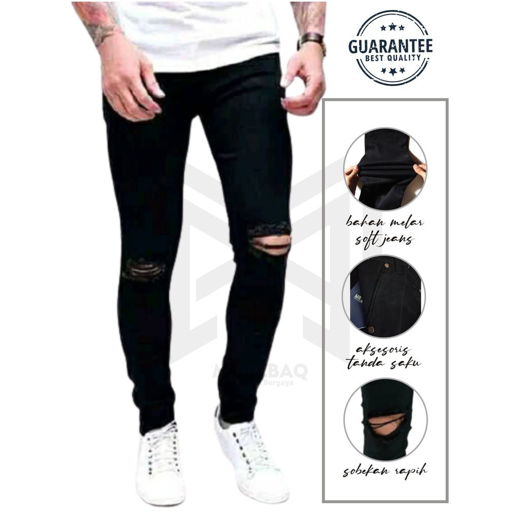 CELANA PANJANG SEMI SOFTJEANS PRIA SKINNY HITAM SOBEK LUTUT RIPPED