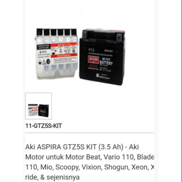 Aki Aspira GTZ-5S Kit MF 12V. 3,5 Ah for beat/Vario/Mio J/X-Ride/Fino/Scoopy/spacy/Mio M3/beat F1/