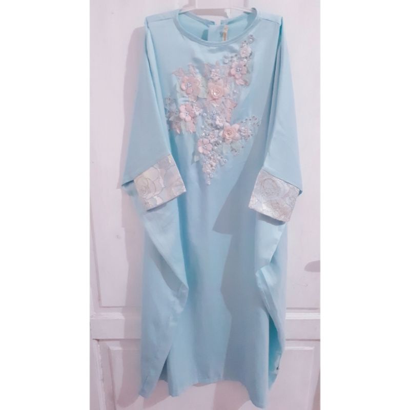 New Set Kaftan Anak &amp; Pashmina /Dress Anak Muslim/Setelan Baju Lebaran Anak Perempuan Branded Size 4-9Tahun Warna Biru Muda Motif Bunga