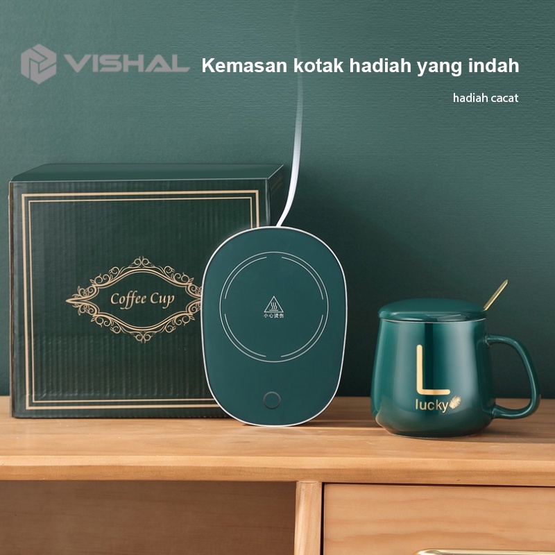 VISHAL Mug Cangkir Elektrik Set Keramik Pemanas 55 Derajat Penghangat Kopi Gelas Mewah Keramik Listrik dan Sendok VS-1847