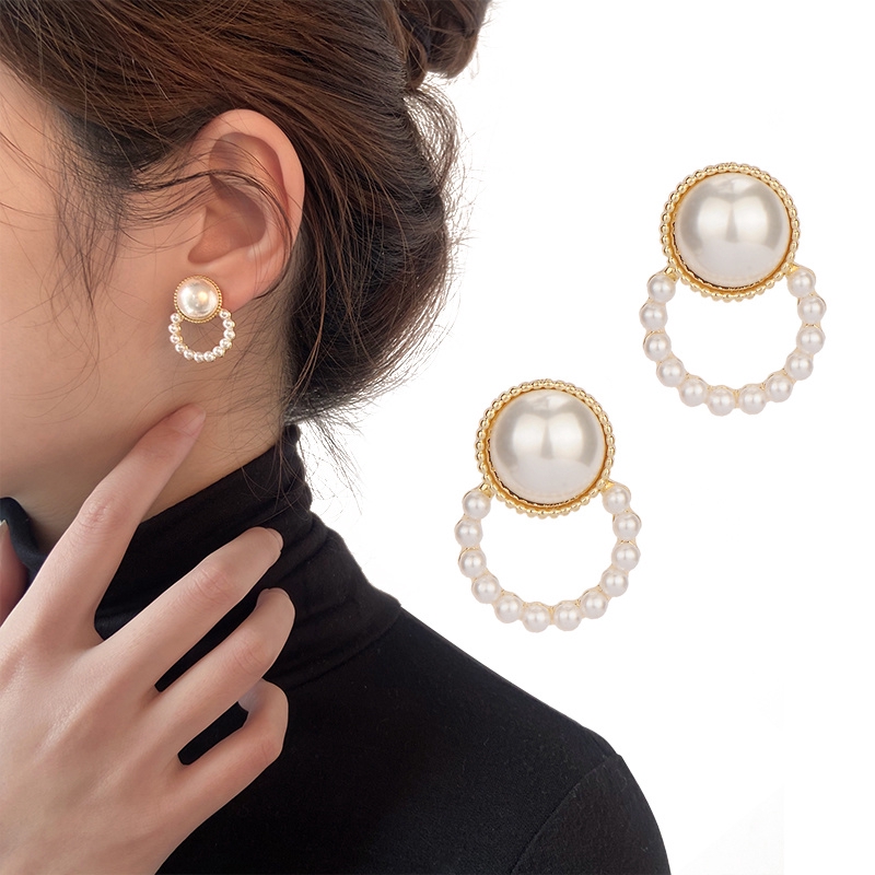 Anting Tusuk Fashion Gold Geometric Circle Pearl Earrings In Sterling Silver