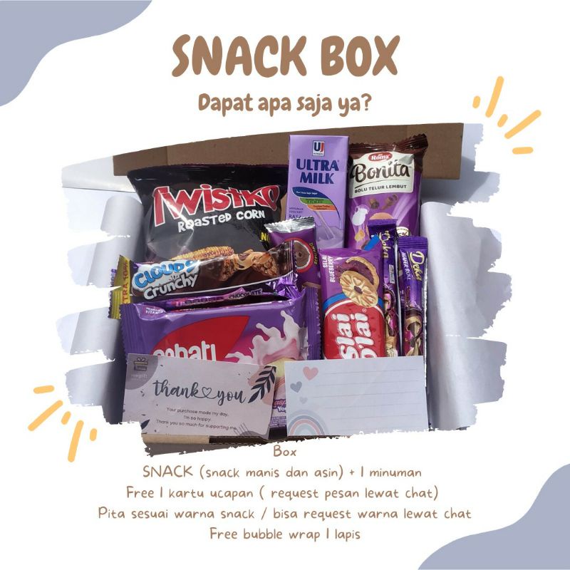 

Snack Box / Hampers Snack untuk hadiah ulang tahun / wisuda / graduation / anniversary dll warna pink ungu merah biru hijau kuning