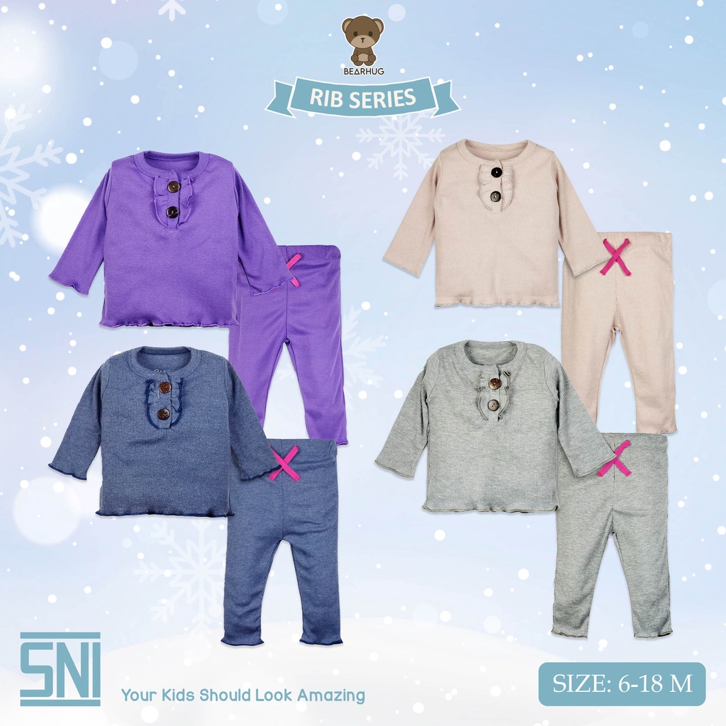 Bearhug  Setelan Lengan Panjang Rib  Bayi Perempuan  XSE9 Mixcolour Kancing Ruffle 6-18M