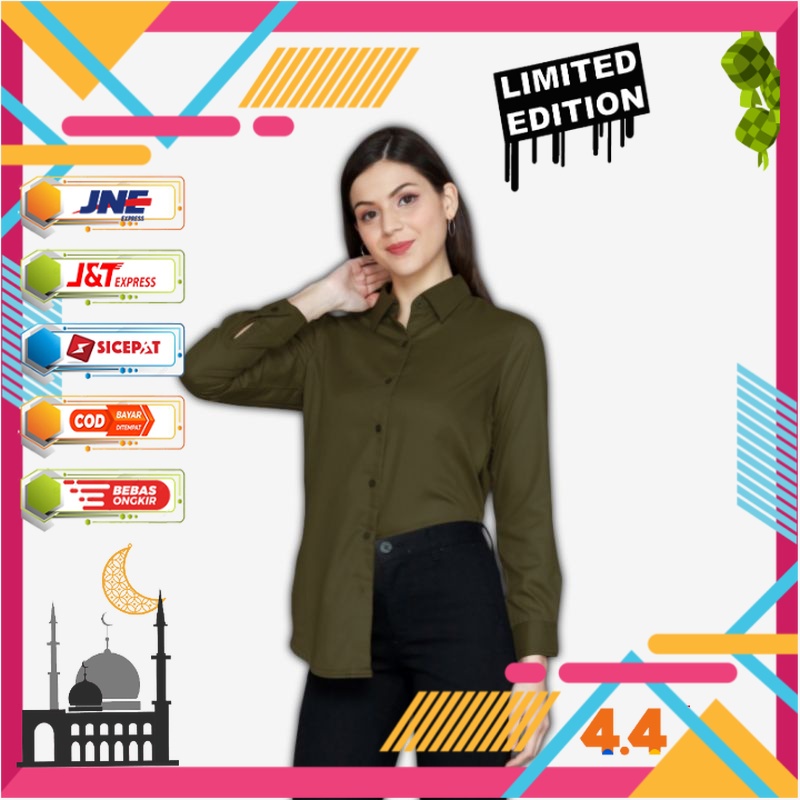 Promo Baju Kemeja Blouse Wanita Army Lengan Panjang Polos Basic Exclusive Baju Atasan Blouse Kameja 