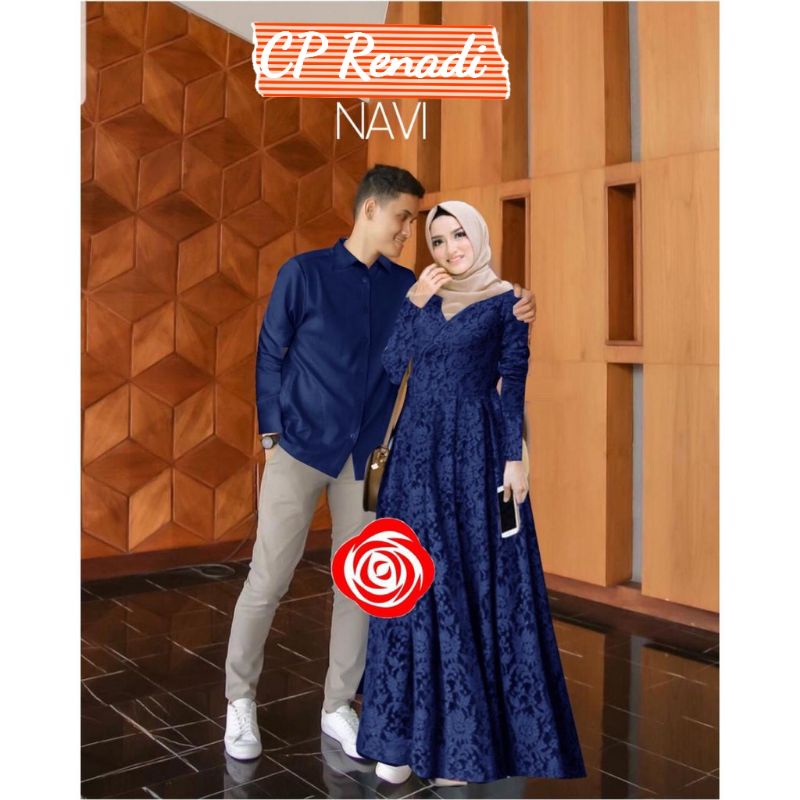 BAJU GAMIS DRESS BRUKAT BROKAT COUPLE LENGAN TANGAN PANJANG LAPIS FURING UNTUK PASANGAN KONDANGAN PESTA NIKAH COWO CEWE WANITA MUSLIM RENADI COUPLE UKURAN M L XL XXL WARNA POLOS BIRU NAVY NEVY NAVI NEVI BLUE TUA