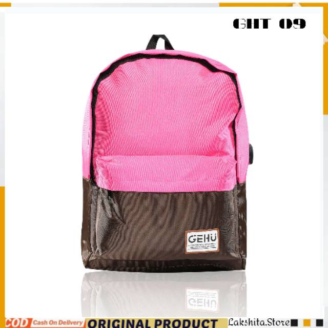 GEHU Tas Ransel Wanita Kekinian Tas Ransel Cewek Tas Ransel Sekolah SMP SMA Warna Pink Kombinasi Hitam