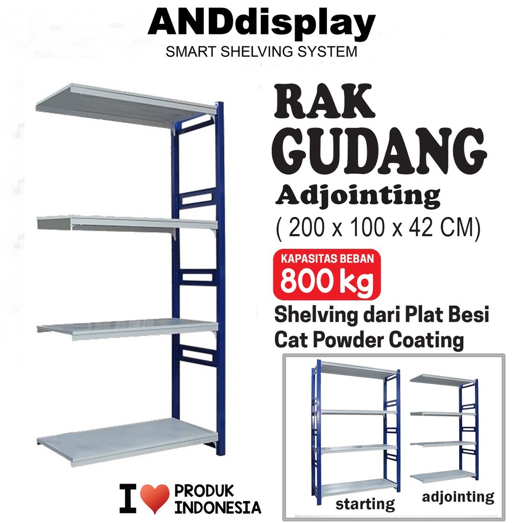 RAK GUDANG BESI BOLTLESS ADJOINTING T.2M x L.42 x P.100 MINIMARKET