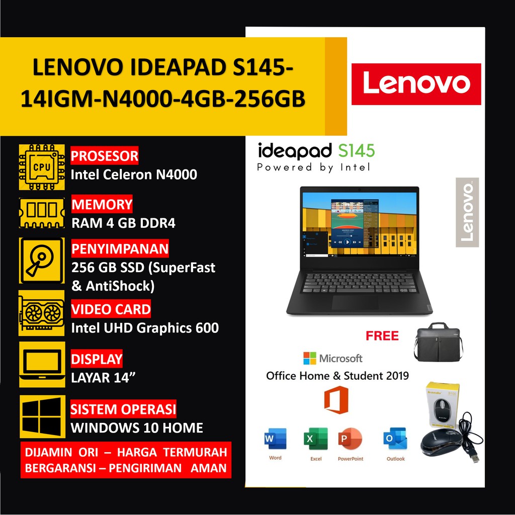 LAPTOP SLIM LENOVO IDEAPAD S145-14IGM CELERON N4000 RAM 4GB SSSD 256GB FREE OFICE HOME STUDENT