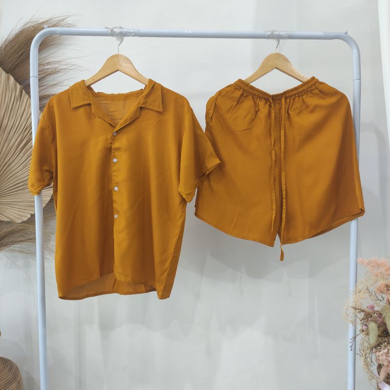 PIYAMA KANCING PENDEK | PIYAMA RAYON | BAJU TIDUR RAYON-KCB KUNYIT