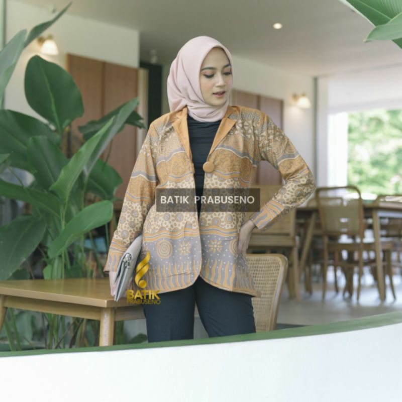 Blazer Novi Kuning Atasan Baju Batik Wanita Lengan Panjang Original Prabuseno Modern Premium Jumbo B