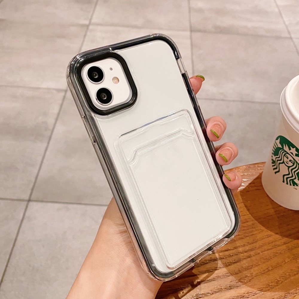 IPHONE Casing Ponsel 3in1 Warna Permen Kompatibel Dengan Iphone14 11 12 13 Pro Max XR XS Max X7 8 6s 6 Plus 14Plus SE Casing Ponsel Slot Kartu Armor Mewah Transparan Tahan Guncangan