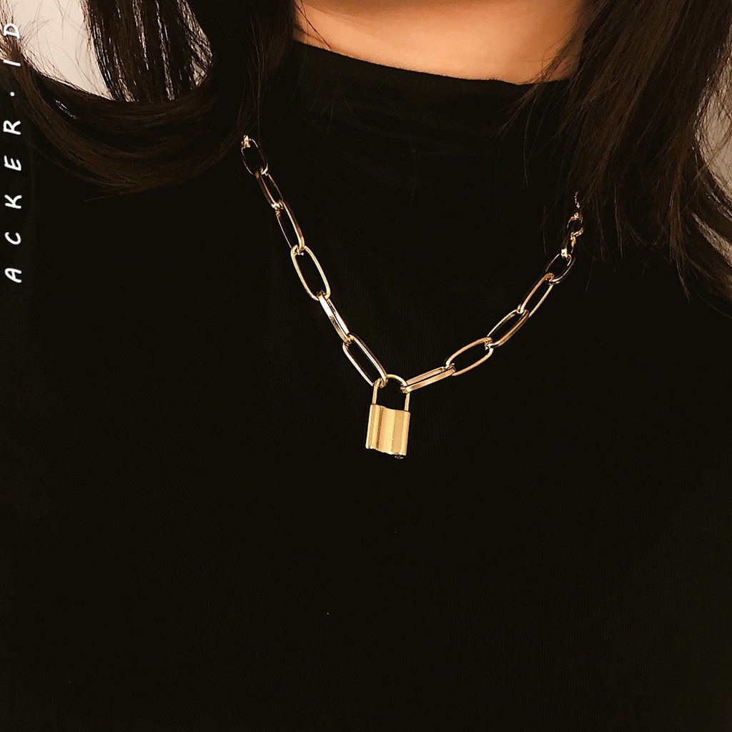 [ACKER] Rock Choker Lock Collar Layered Chain Dengan Kunci Punk Mujer Perhiasan Kunci Gembok Liontin Kalung