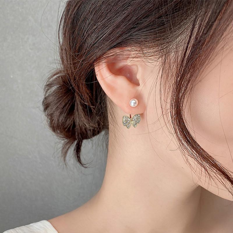 Ig Anting Tusuk Silver S925 Bentuk Pita Aksen Mutiara+Berlian Imitasi Untuk Perhiasan Wanita