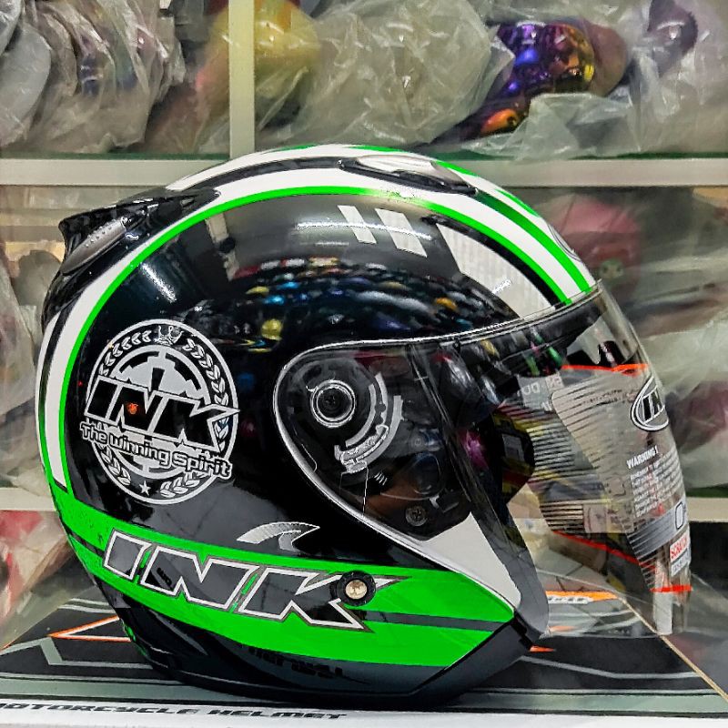 helm half face ink centro jet motif  8 black white green