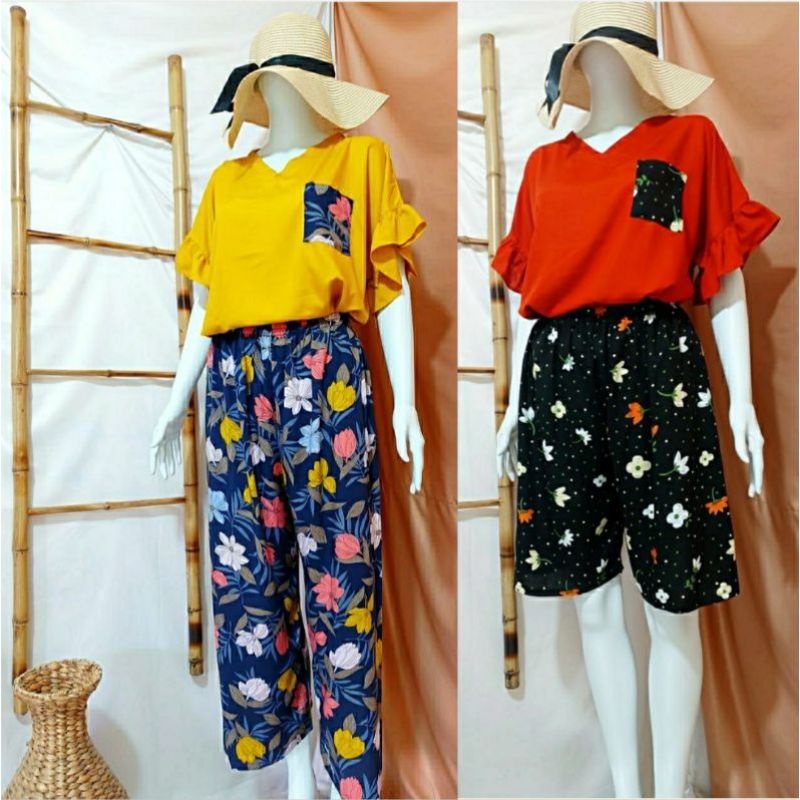 Setelan Delia Celana Panjang Pendek Standar Jumbo Ld120 Rayon | One Set Daster Viral Kekinian |  Baj