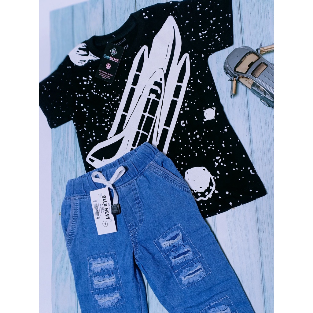 STJRP - Premium Setelan jogger ripped anak dan kaos distro karakter 1-8 tahun Part 1-Roket Hitam