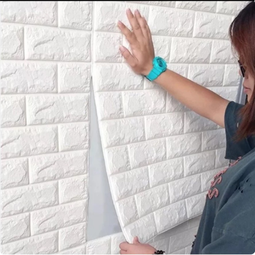 Wallpaper 3D Batu Bata Putih Brick Foam White Dinding Rumah Kamar Tamu