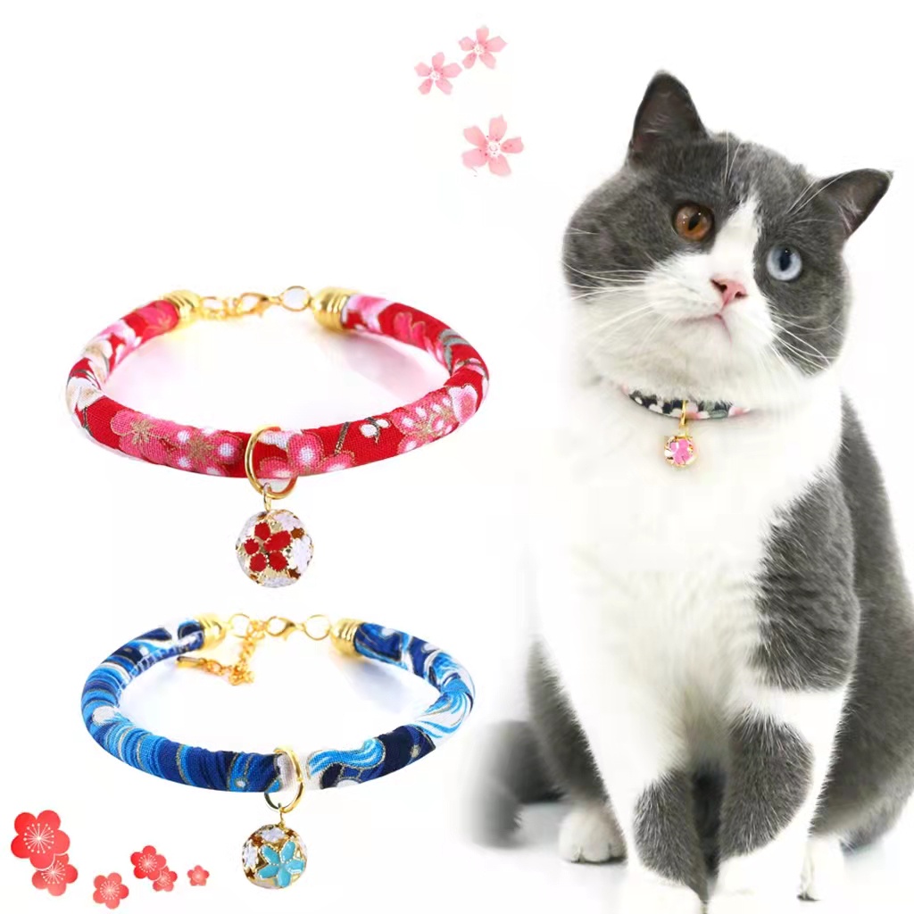 Kalung Tali Dengan Lonceng Bentuk Bulat Motif Bunga Gaya China Jepang Untuk Anjing Dan Kucing Peliharaan