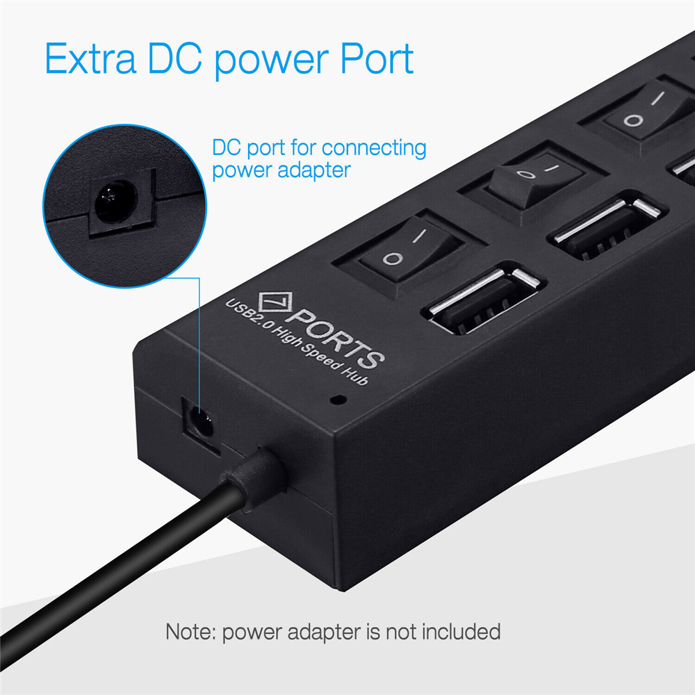 USB 2.0 HUB Multi USB Splitter 7 Port Expander Multiple USB Power Adapter with Switch For PC