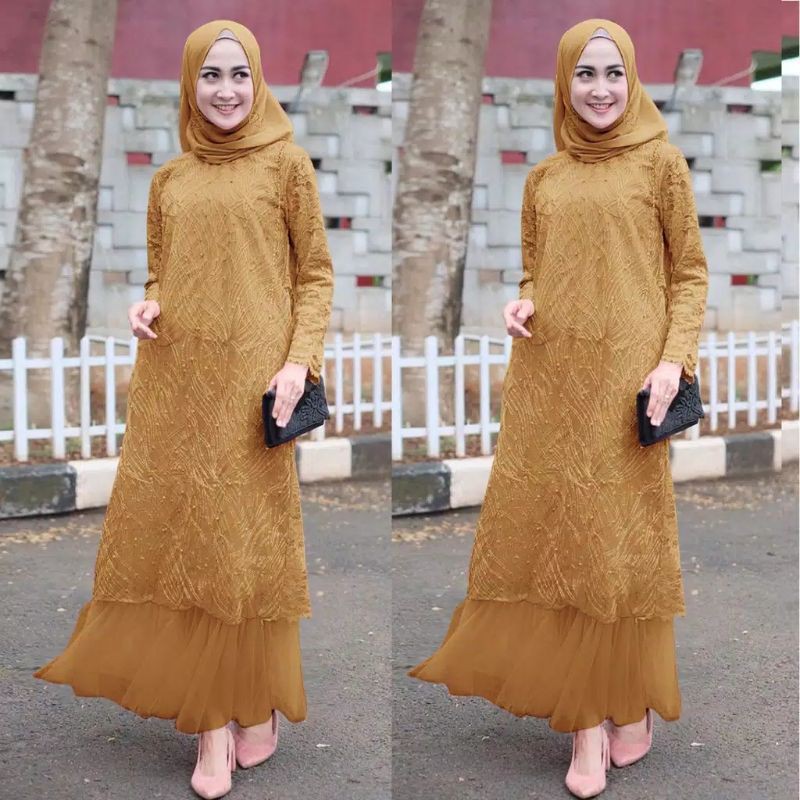 Sabina Baju Gamis Brukat Tile/ Gamis Brukat Maxi/Gamis Muslim Brukat/Gamis Perempuan Remaja Dewasa Fashion Gamis Pesta SIZE L, XL, XXL