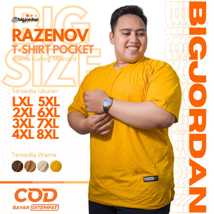 RAZENOV kaos polos pria ukuran jumbo 3XL 4XL 5XL 6XL 7XL 8XL baju wanita kuning mustard big size XXX