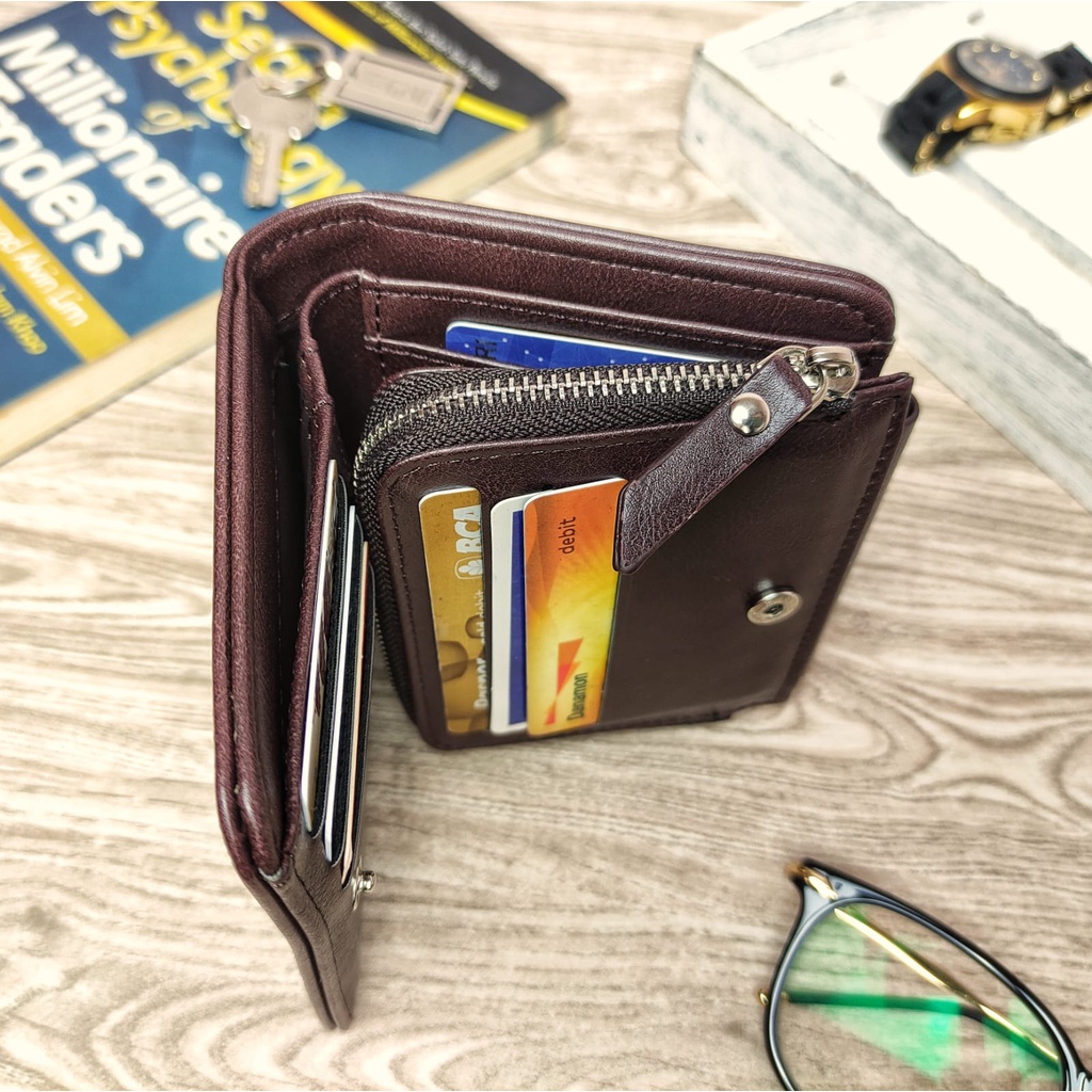 dompet lipat buku tegak pendek kulit saku kartu wallet impor