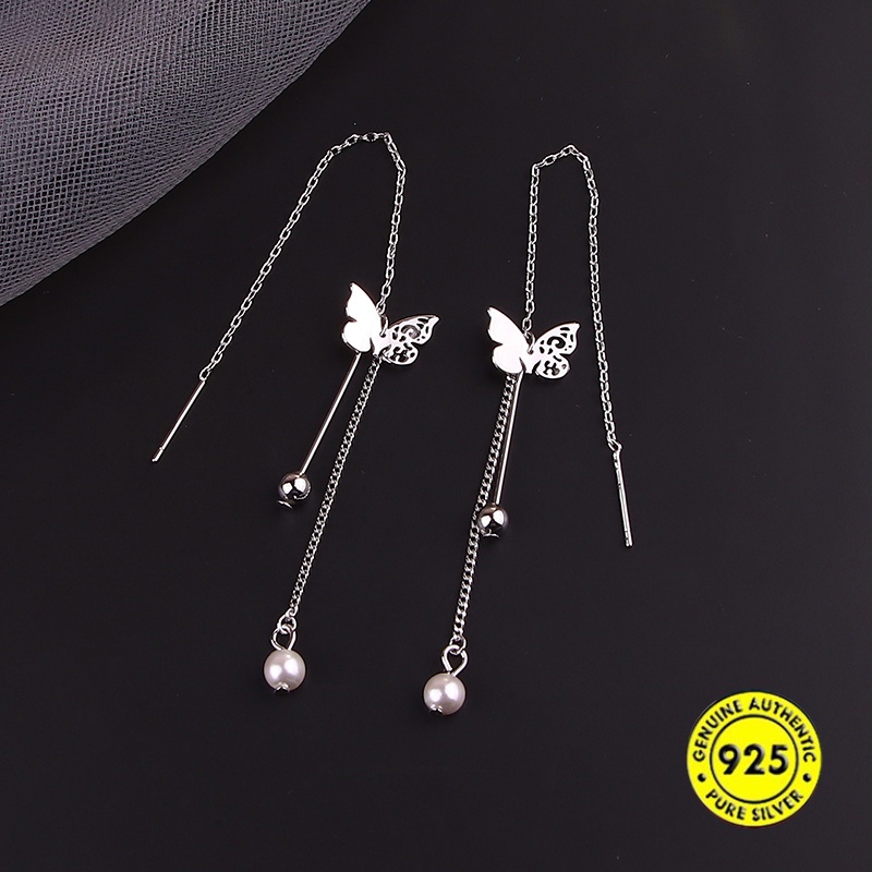 Anting Tusuk Gantung Bahan Sterling Silver 925 Desain Kupukupurumbai Hias Mutiara Untuk Wanita