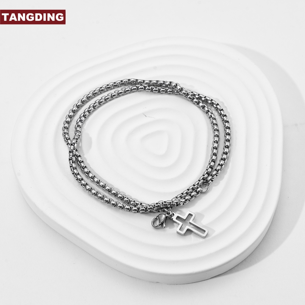 Gelang Rantai Double Strand Rolo Dengan Salib Bahan Stainless Steel Gaya Punk Untuk Pria