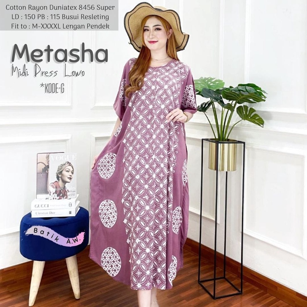 Metasha Daster Rayon Midi Dress Kelelawar Batik Cap Encim Soft Color Size Jumbo L - XXXL Busui Resletng Lengan Pendek