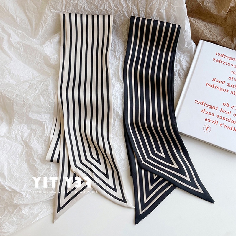 KOREAN TWILLY MOTIF STRIP GARIS SILK SATIN SCARF BAG SHAWL HITAM PUTIH BASIC BLACK WHITE SOFT PASTEL