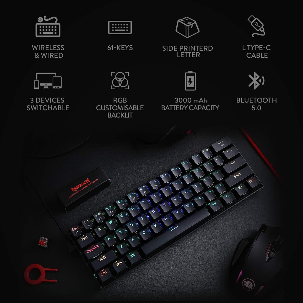 Keyboard gaming Redragon Mechanical 60% tkl wired type-c Bluetooth rgb draconic k530rgb K530